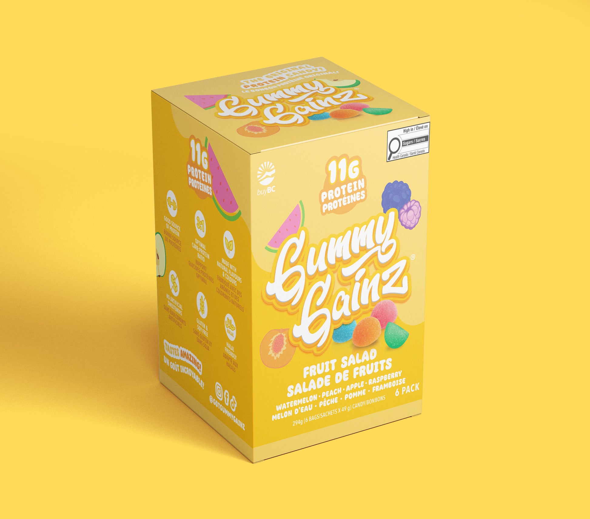 Fruit Salad Gummy Gainz with a yellow background
