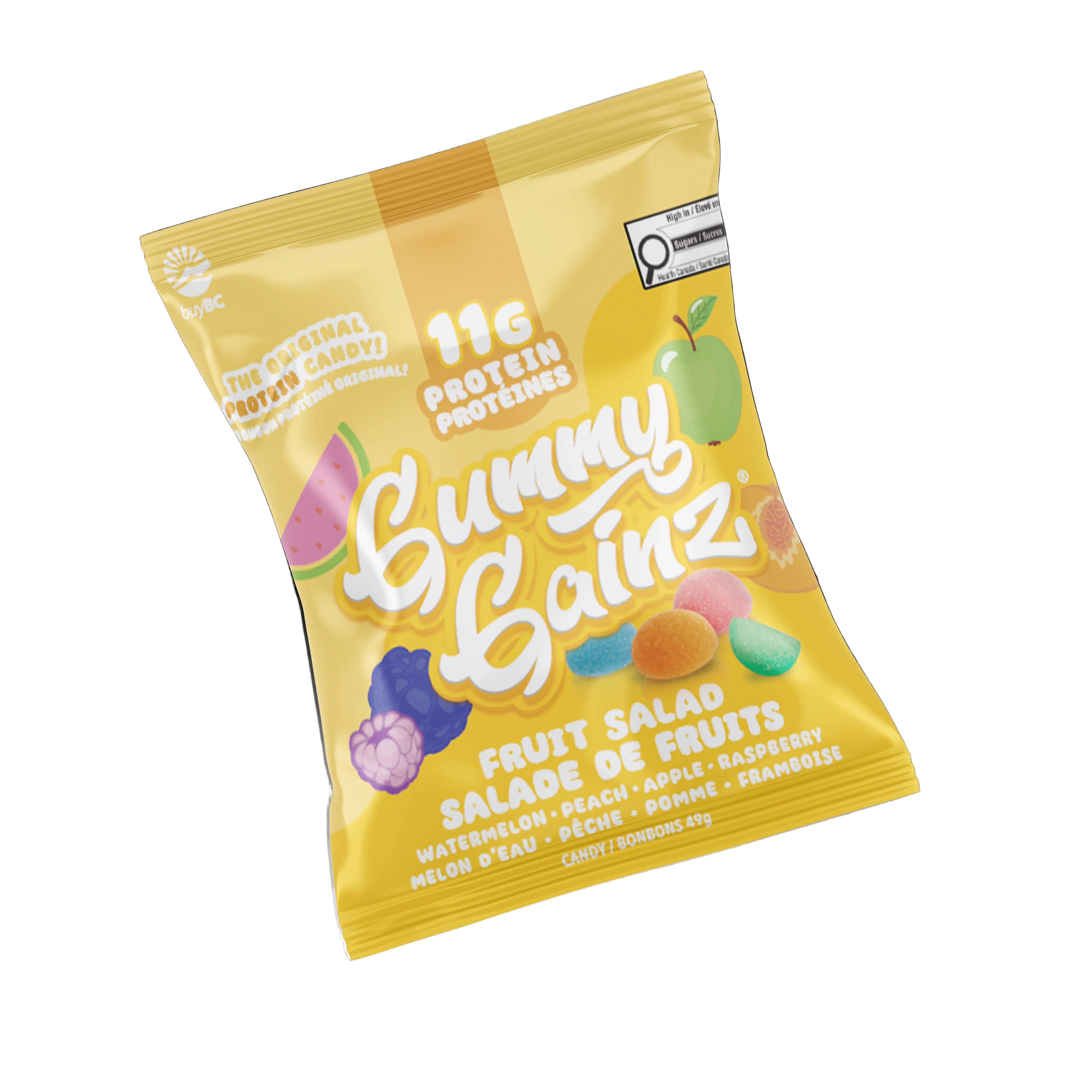 Yellow package of Gummy Gainz fruit salad protein gummies on a white background